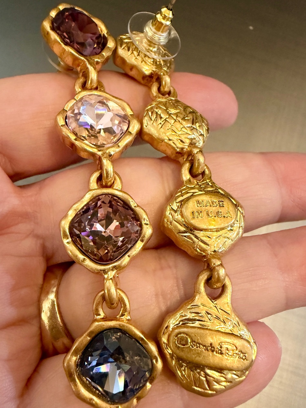Oscar de la Renta Gold-Tone AMETHYST COMBO ✨CRYSTAL DANGLE EARRINGS✨POST✨ - Picture 7 of 13